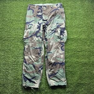 Vintage US Army BDU Pants Mens Medium Short Woodland Camo Cargo Military Ripstop